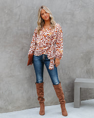 Pumpkin Spice Satin Printed Wrap Blouse Oshnow