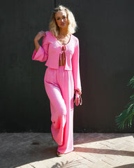 Pushing Limits High Waisted Textured Wide Leg Pants - Pink Oshnow