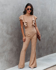 Queen Of The Patch Corduroy Ruffle Cutout Jumpsuit - Taupe Oshnow