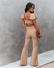 Queen Of The Patch Corduroy Ruffle Cutout Jumpsuit - Taupe Oshnow