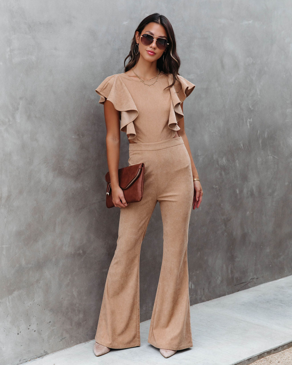 Queen Of The Patch Corduroy Ruffle Cutout Jumpsuit - Taupe Oshnow