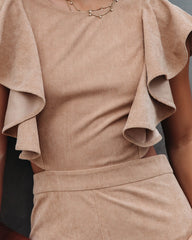 Queen Of The Patch Corduroy Ruffle Cutout Jumpsuit - Taupe Oshnow