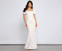 Quinn Sequin Scroll Puff Sleeve Dress Oshnow