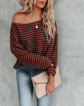 Raelle Cotton Blend Striped Top - Brown Navy Oshnow