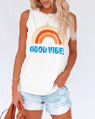 Rainbow Good Vibes Cotton Distressed Muscle Tank Oshnow