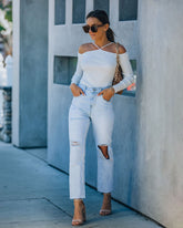 Rana Ribbed Cold Shoulder Knit Top - Off White Oshnow