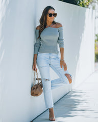 Rana Ribbed Cold Shoulder Knit Top - Silver Oshnow