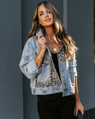 Redone Pocketed Leopard Distressed Denim Jacket Oshnow