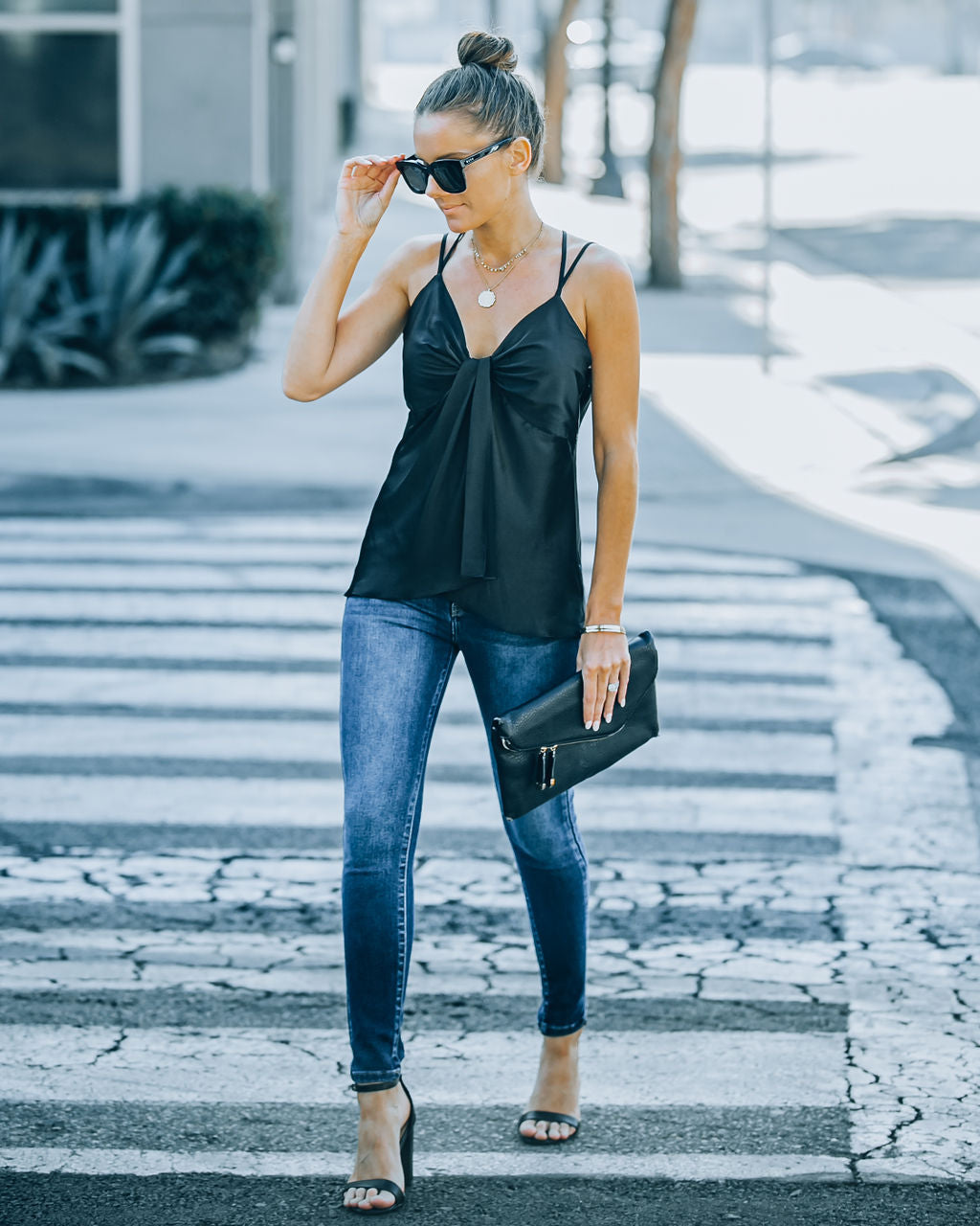 Renta Satin Drape Cami Tank - Black Oshnow