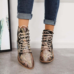 Retro Embroidered Cowboy Ankle Boots Block Heel Western Booties Oshnow