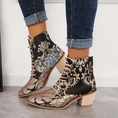 Retro Embroidered Cowboy Ankle Boots Block Heel Western Booties Oshnow