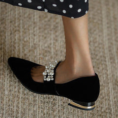 Retro Pearl Pointed Toe Chunky Heel Flats Oshnow