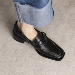 Retro Square Toe Chunky Mid Heeled Daily Loafers Oshnow