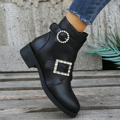 Rhinestone Buckle Comfy Ankle Booties Oshnow