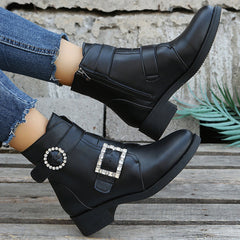 Rhinestone Buckle Comfy Ankle Booties Oshnow
