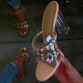 Rhinestone Chunky Heel Slip-On Flip Flop Pvc Slippers Oshnow