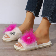 Rhinestone Embrellished Fluffy Flat Slippers Oshnow