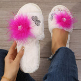 Rhinestone Embrellished Fluffy Flat Slippers Oshnow