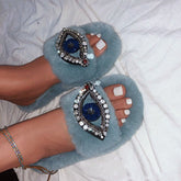 Rhinestone Eye Decor Faux Fur Comfort Slippers Oshnow