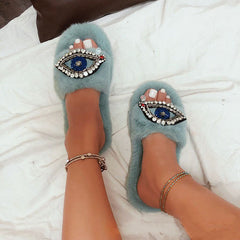 Rhinestone Eye Decor Faux Fur Comfort Slippers Oshnow