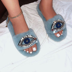 Rhinestone Eye Decor Faux Fur Comfort Slippers Oshnow