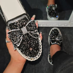 Rhinestone Flat Leather Platform Loafers Oshnow