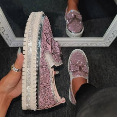 Rhinestone Flat Leather Platform Loafers Oshnow