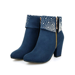 Rhinestone Frosted Chunky Heel Short Boots Oshnow