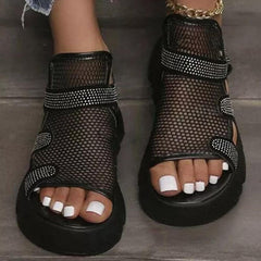 Rhinestone Hollow-Out Velcro Solid Color Platform Sandals Oshnow