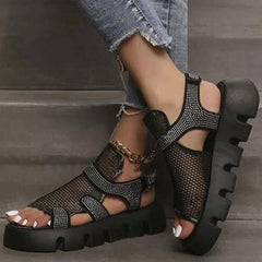 Rhinestone Hollow-Out Velcro Solid Color Platform Sandals Oshnow