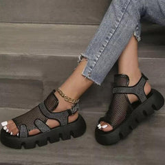 Rhinestone Hollow-Out Velcro Solid Color Platform Sandals Oshnow