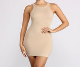 Ribbed Knit Crew Neck Bodycon Mini Dress Oshnow