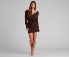 Ribbed Knit Tie-Front Mini Sweater Dress Oshnow