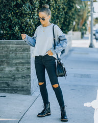 Riot Cotton Denim Sleeve Knit Top Oshnow