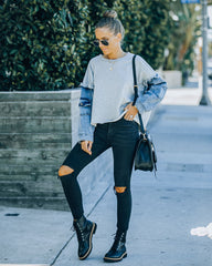 Riot Cotton Denim Sleeve Knit Top Oshnow