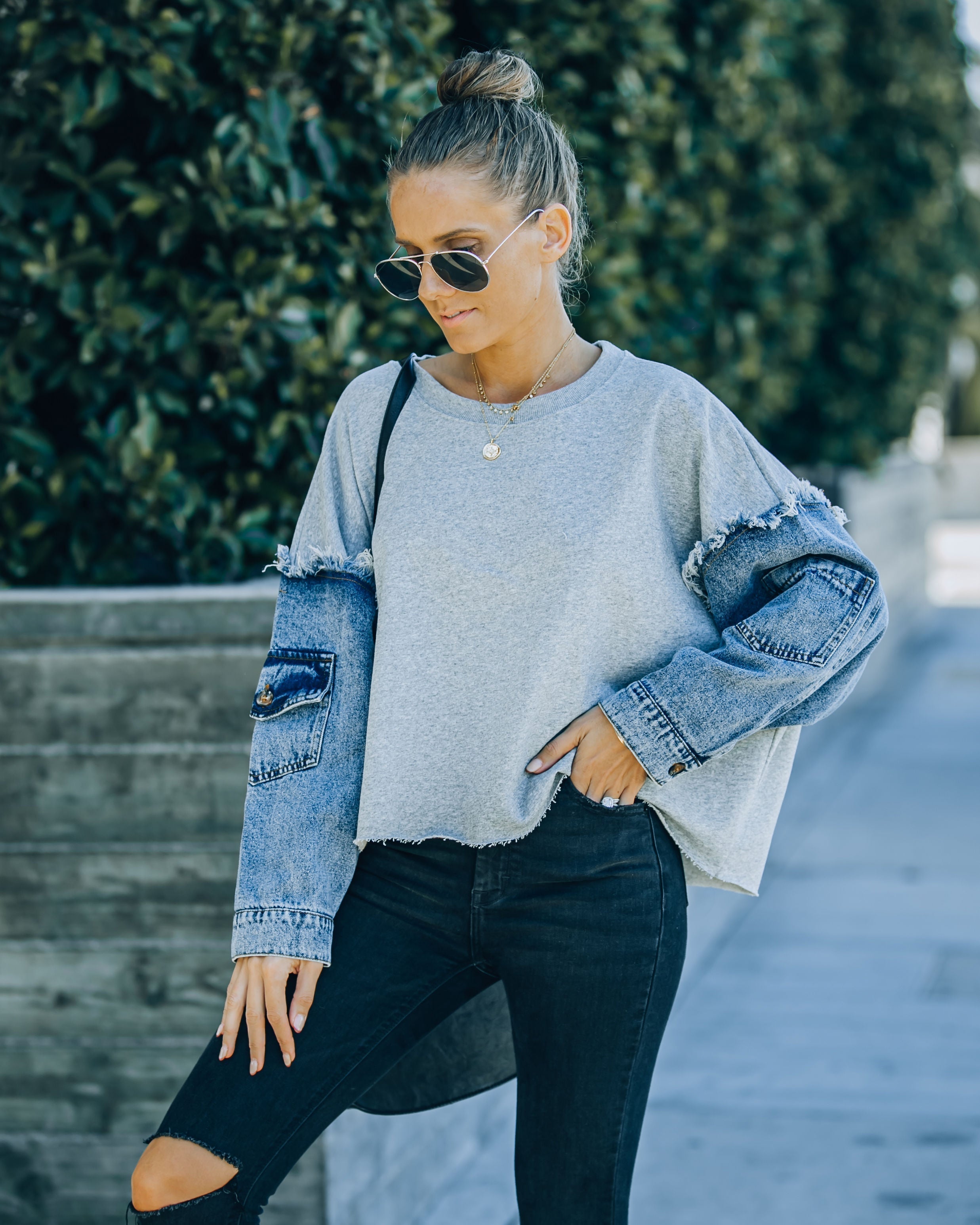 Riot Cotton Denim Sleeve Knit Top Oshnow