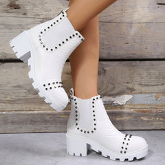 Rivet Decor Lug Sole Ankle Boots Slip on Block Heel Chelsea Booties Oshnow