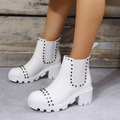 Rivet Decor Lug Sole Ankle Boots Slip on Block Heel Chelsea Booties Oshnow