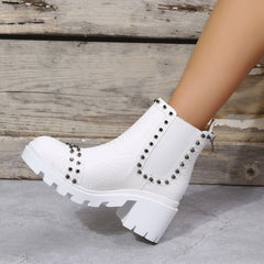 Rivet Decor Lug Sole Ankle Boots Slip on Block Heel Chelsea Booties Oshnow