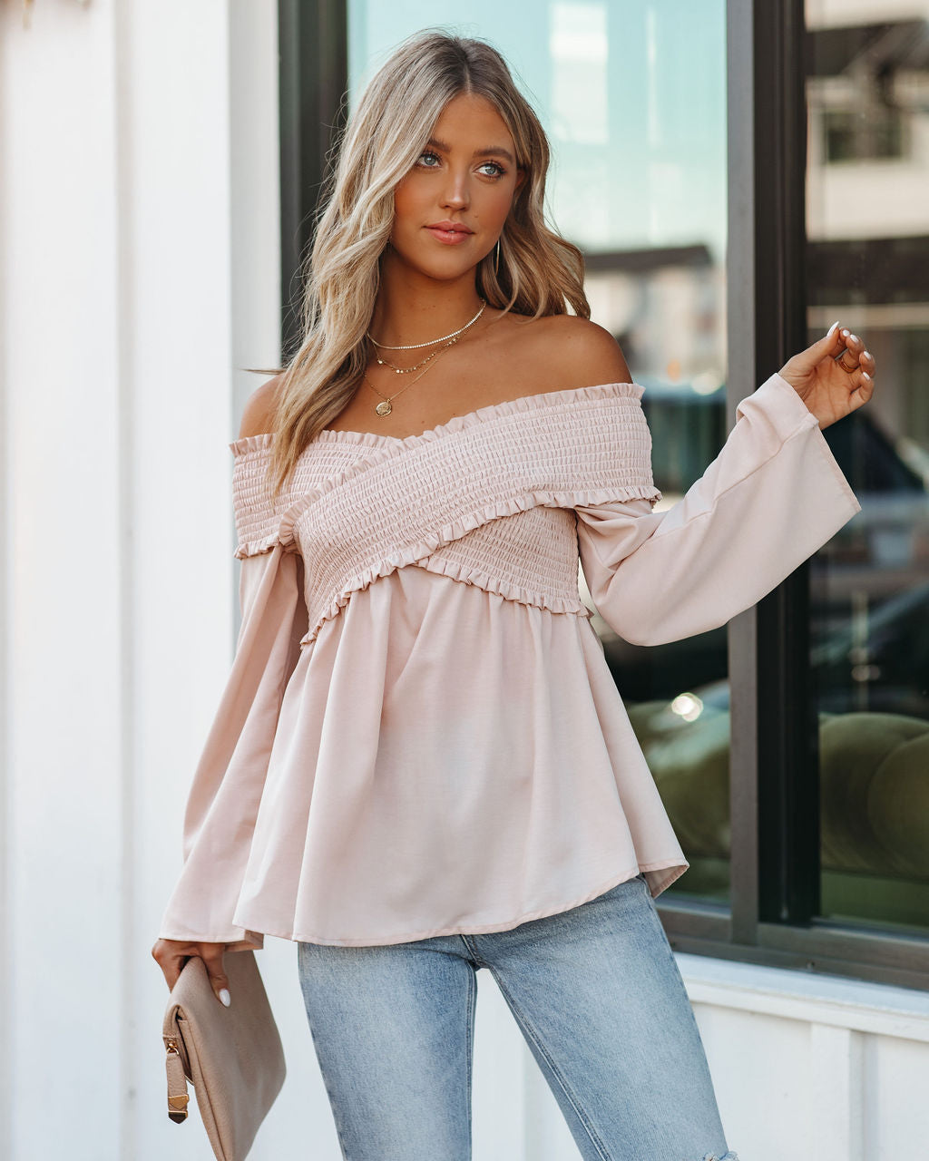 Rosie Smocked Off The Shoulder Top - Sandshell Oshnow