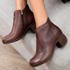 Round Toe Chunky Heeled Solid Color Ankle Boots Oshnow