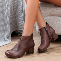 Round Toe Chunky Heeled Solid Color Ankle Boots Oshnow