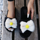 Round Toe Fur Bownot Flat Slippers Oshnow