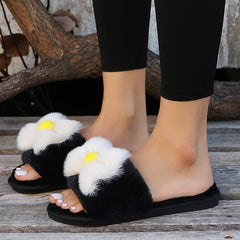 Round Toe Fur Bownot Flat Slippers Oshnow