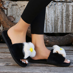 Round Toe Fur Bownot Flat Slippers Oshnow