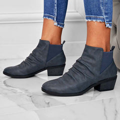 Round Toe Ruched Booties Stacked Block Heel Ankle Boots Oshnow