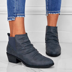Round Toe Ruched Booties Stacked Block Heel Ankle Boots Oshnow
