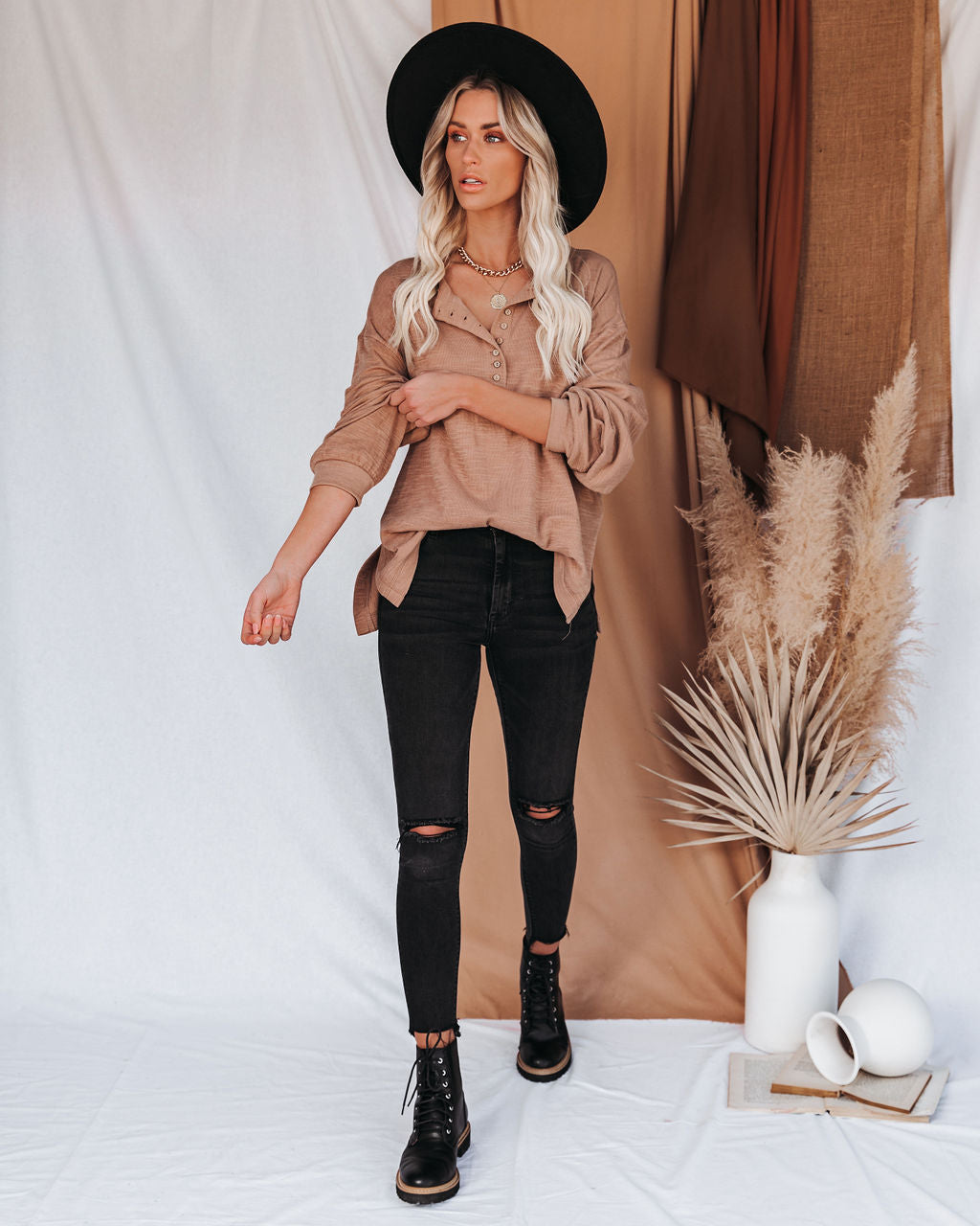 Rowena Cotton Relaxed Henley Top - Light Mocha Oshnow