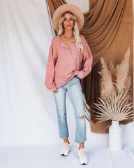 Rowena Cotton Relaxed Henley Top - Mauve Oshnow