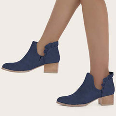 Ruffle Cutout Ankle Boots Slip on Chunky Stacked Heel Booties Oshnow